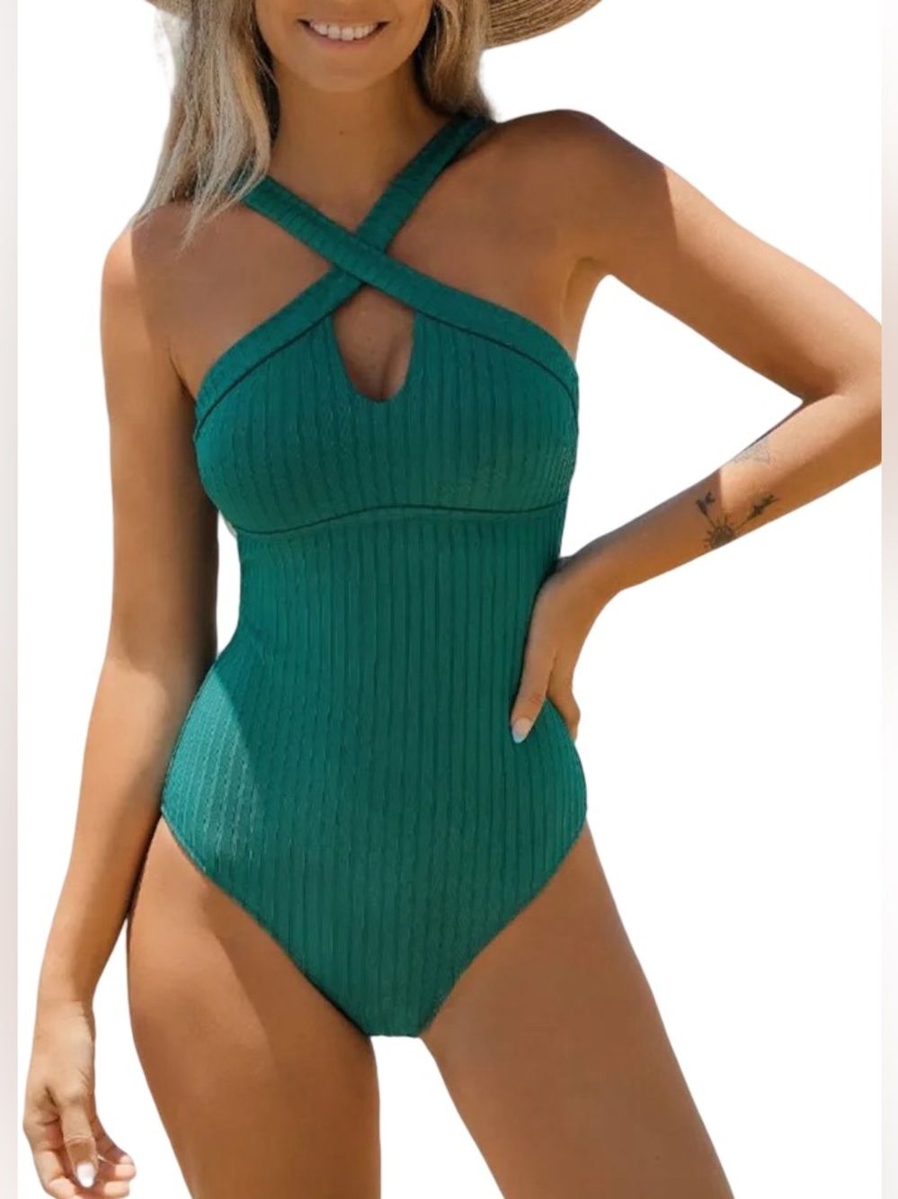 NWT Cupshe Teal Green Ribbed Cross-Strap One-Piece Swimsuit (medium) - Picture 5 of 7